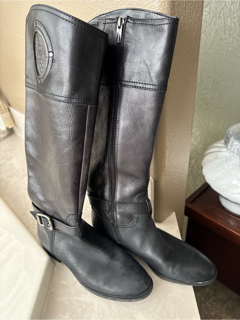 Vince Camuto Black Leather Knee-High Riding Boots with Buckle